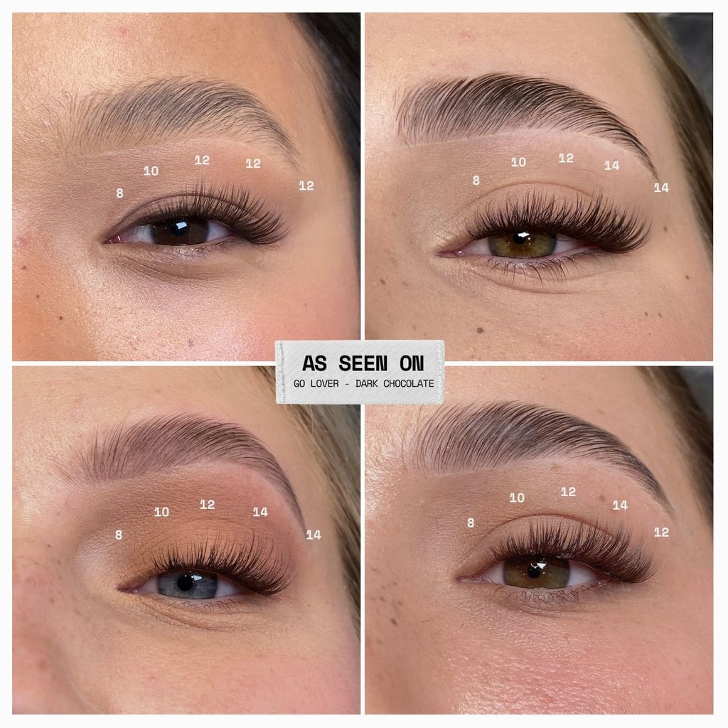Four-panel close-up collage of a person's eye area showing eyebrow and eyelash makeup results, with white numbers labeling different lash zones and a central label reading 'AS SEEN ON' and 'GO LOVERS - DARK CHOCOLATE'.