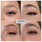 Four-panel close-up collage of a person's eye area showing eyebrow and eyelash makeup results, with white numbers labeling different lash zones and a central label reading 'AS SEEN ON' and 'GO LOVERS - DARK CHOCOLATE'.