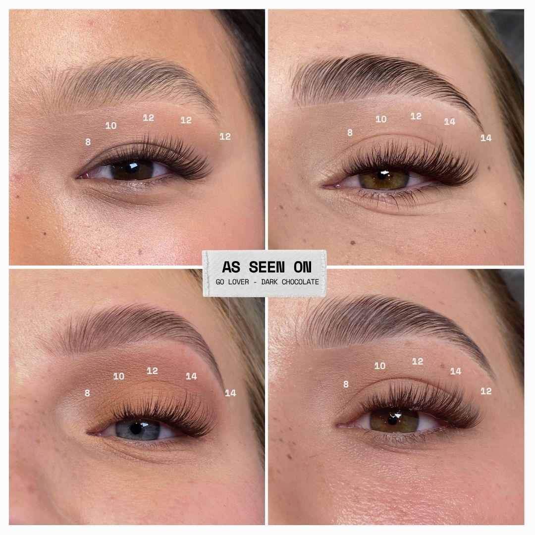 Four-panel close-up collage of a person's eye area showing eyebrow and eyelash makeup results, with white numbers labeling different lash zones and a central label reading 'AS SEEN ON' and 'GO LOVERS - DARK CHOCOLATE'.