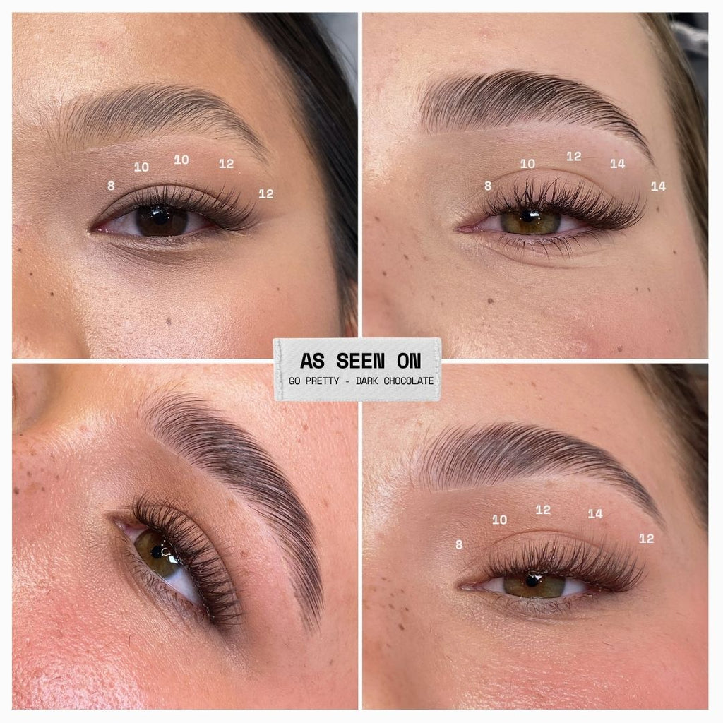 A four-panel before-and-after comparison collage showing eyebrow makeup application on a woman's eyes. The top-left and bottom-left panels show lighter, sparser brows with white shade numbers overlaid, while the top-right and bottom-right panels show darker, fuller brows.