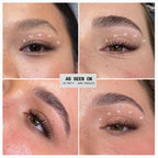 A four-panel before-and-after comparison collage showing eyebrow makeup application on a woman's eyes. The top-left and bottom-left panels show lighter, sparser brows with white shade numbers overlaid, while the top-right and bottom-right panels show darker, fuller brows.