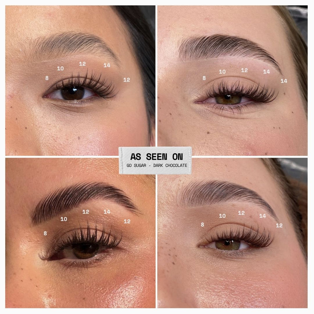A four-panel before-and-after collage showing close-up views of a person's eye and eyebrow with lash extensions applied. White measurement-style numbers are overlaid on the lashes in each panel, and a central label reads 'AS SEEN ON' with smaller text 'GO SUGAR - DARK CHOCOLATE'.