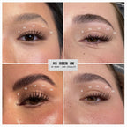 A four-panel before-and-after collage showing close-up views of a person's eye and eyebrow with lash extensions applied. White measurement-style numbers are overlaid on the lashes in each panel, and a central label reads 'AS SEEN ON' with smaller text 'GO SUGAR - DARK CHOCOLATE'.