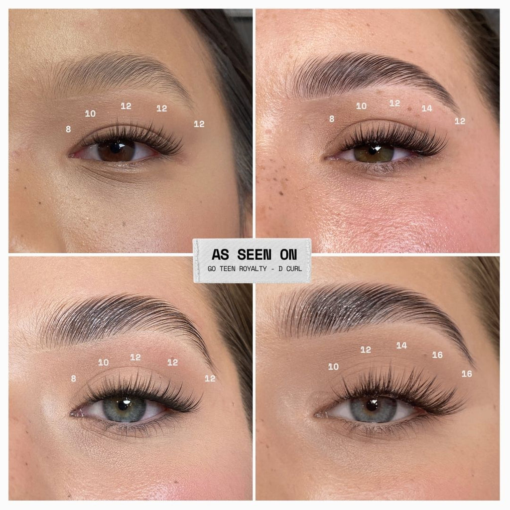 A four-panel before-and-after comparison collage showing close-up views of a woman's eye and eyebrow with lash extensions applied. White measurement-style numbers are overlaid on each panel, and a central label reads 'AS SEEN ON GO TEEN ROYALTY - S.
