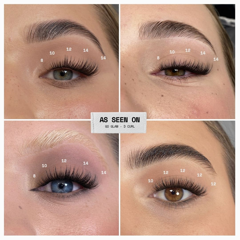 A four-panel close-up collage showing a person's eye area with false eyelashes applied, labeled with numbered placement points (8, 10, 12, 14) and a central text box reading 'AS SEEN ON'. Because visible body parts are present and the image demonstrates the product on a real person, this is Lifestyle rather than Product/Packaging.