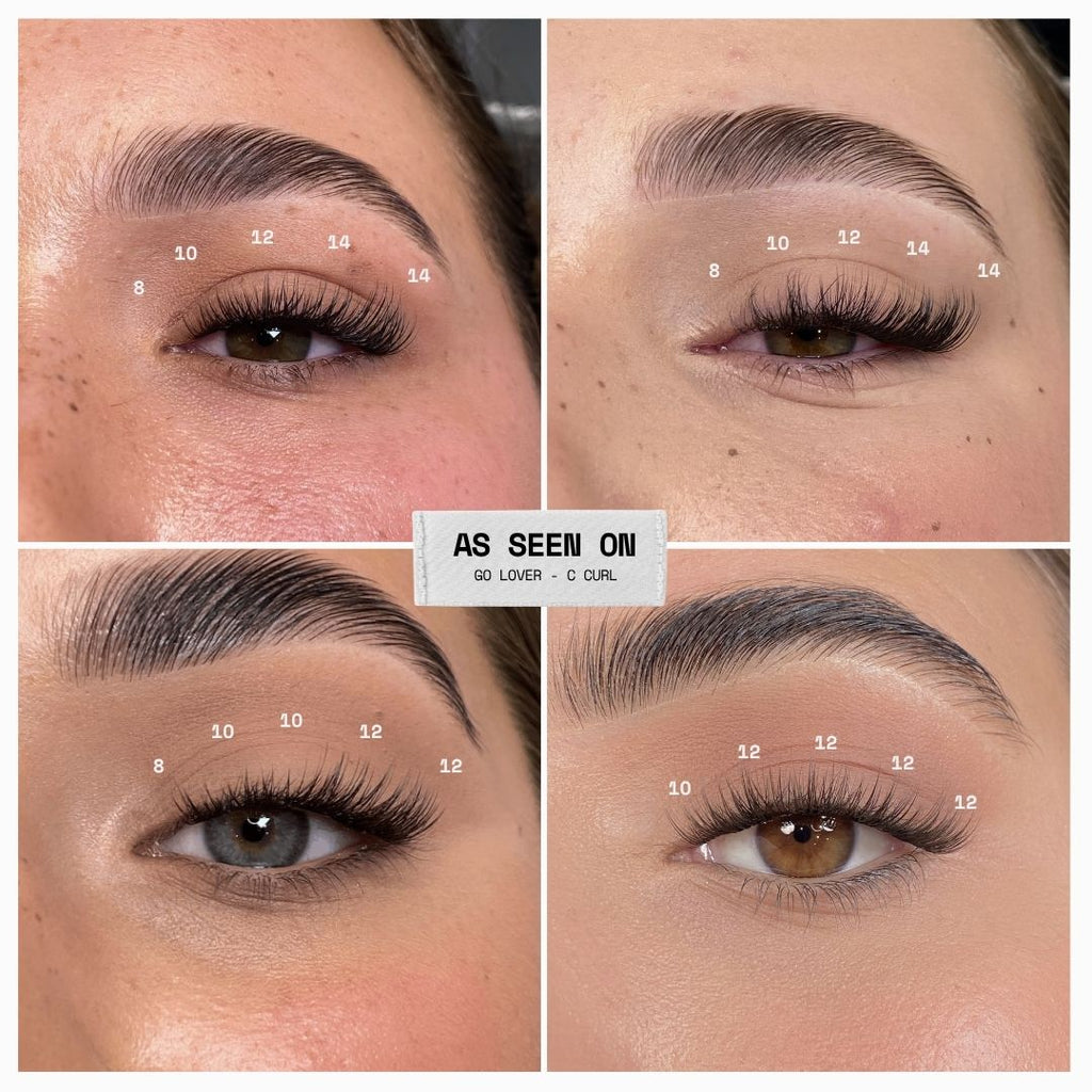 A four-panel before-and-after collage showing eyelash extension measurements around the eye area, with white text labels overlaid on the skin and a central card reading 'AS SEEN ON I' and '20 LOVER - C CURL'.