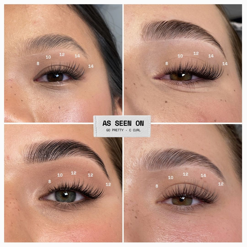 A four-panel before-and-after comparison collage showing a woman's eye area with long, curled false eyelashes applied in the bottom-right panel. White numbers are overlaid on the lashes to indicate lash line positions, and a central label reads 'AS SEEN ON GO PRETTY - C CURL'.