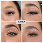 A four-panel before-and-after comparison collage showing a woman's eye area with long, curled false eyelashes applied in the bottom-right panel. White numbers are overlaid on the lashes to indicate lash line positions, and a central label reads 'AS SEEN ON GO PRETTY - C CURL'.