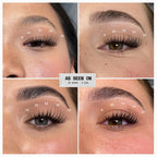 Four-panel before-and-after comparison collage showing false eyelash extensions applied to different eyes, with white numbered placement markers and a central label reading 'AS SEEN ON GO SUGAR - D CURL'.