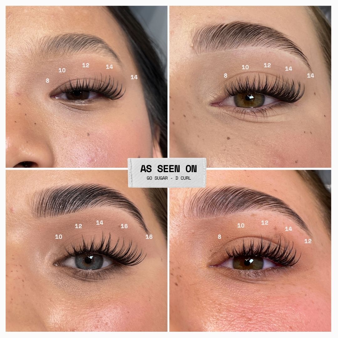 Four-panel before-and-after comparison collage showing false eyelash extensions applied to different eyes, with white numbered placement markers and a central label reading 'AS SEEN ON GO SUGAR - D CURL'.