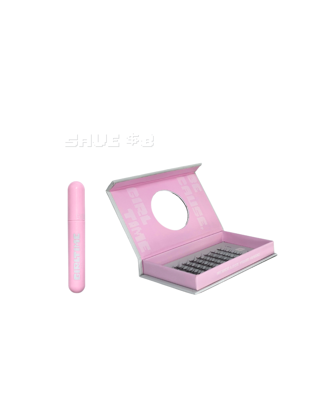 Pink makeup palette with applicators on a white background