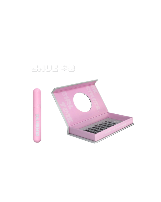 Pink makeup palette with applicators on a white background