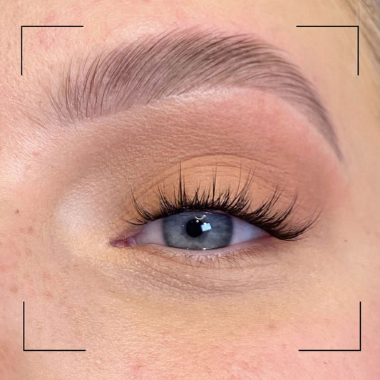 Close-up of a person's eye with makeup, including eyelashes and eyeliner.