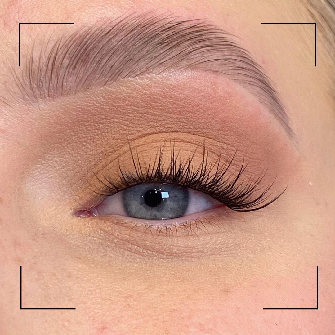 Close-up of an eye with long, dark eyelashes and well-groomed eyebrow.